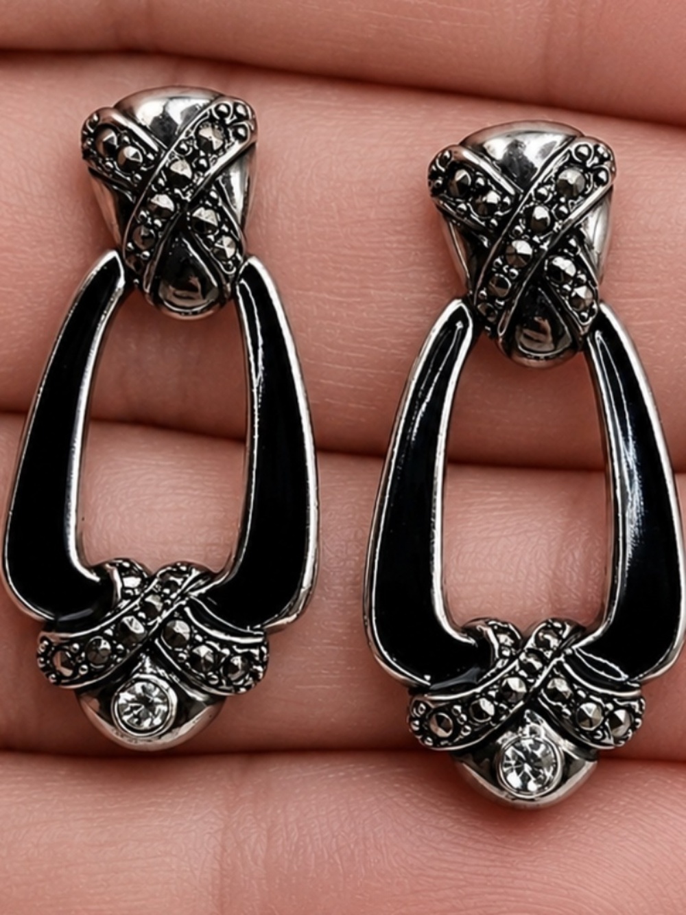 Vintage Avon Black Enamel & Faux Marcasite Art Deco Style Pierced Earrings